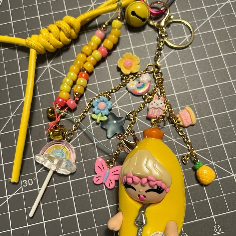 Colorful Kweenie Bananas Bagcharm /Keychain with Yellow and Pink Accents